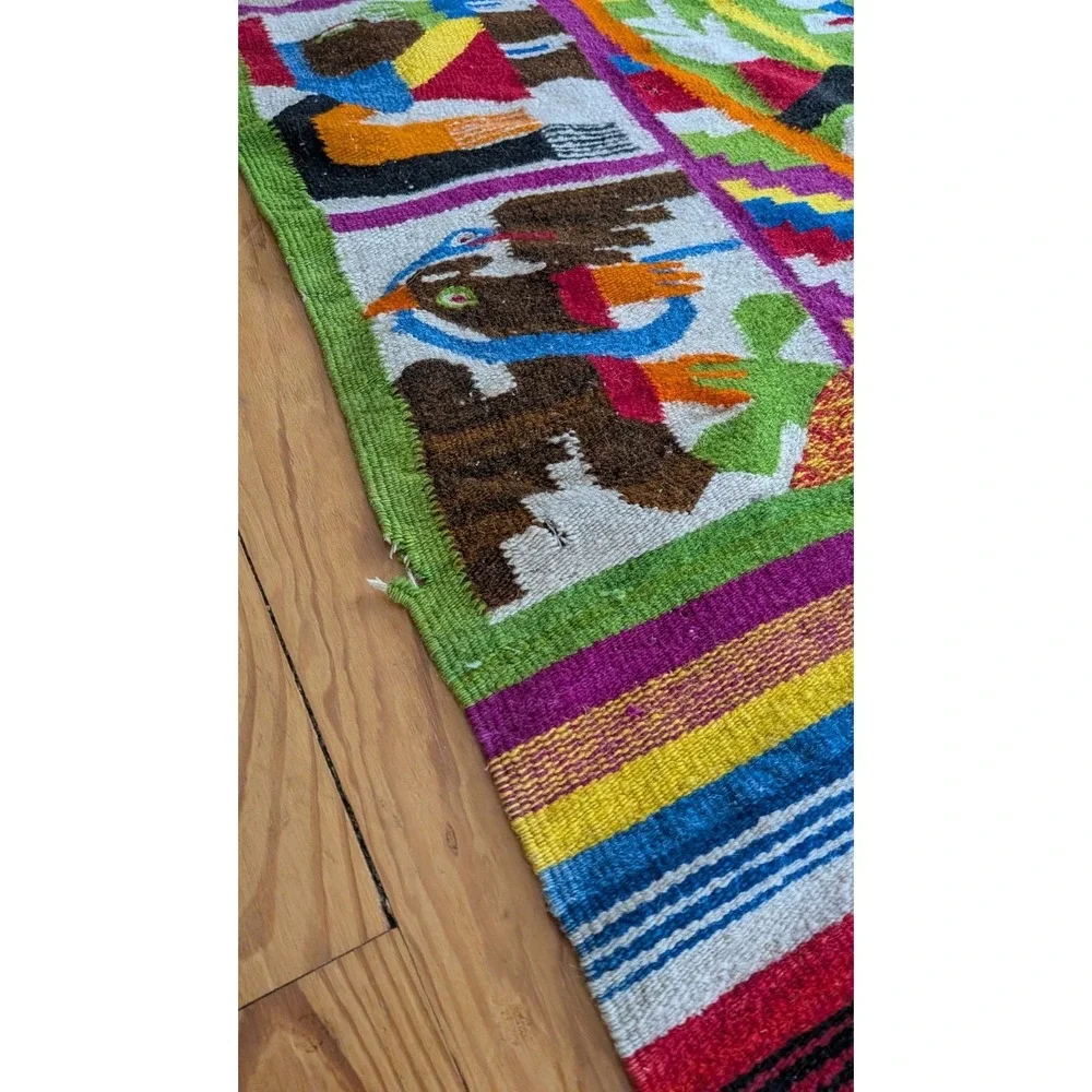 Vintage Mexican Flat Weave Rug/Wall Art Aztec Cabin Cottage Vacation Home